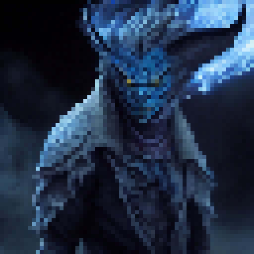 Blue demon with fiery eyes and sharp horns stands atop a mountain of skulls, wielding a glowing sword in a dark, ominous fantasy RPG world.