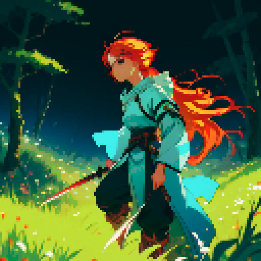 female swordsman, fiery-haired, wielding a luminous blade, poised at cliff's edge, gazing upon a lush woodland, with an extraterrestrial world adorning the sky, all rendered in vibrant pixel art, embracing the sRGB color palette
