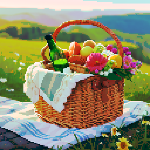 picnic basket with cloth, bouguet and green glass bottle inside