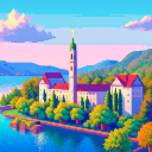 high school towering overlooking a bay, morning, forest, river, 