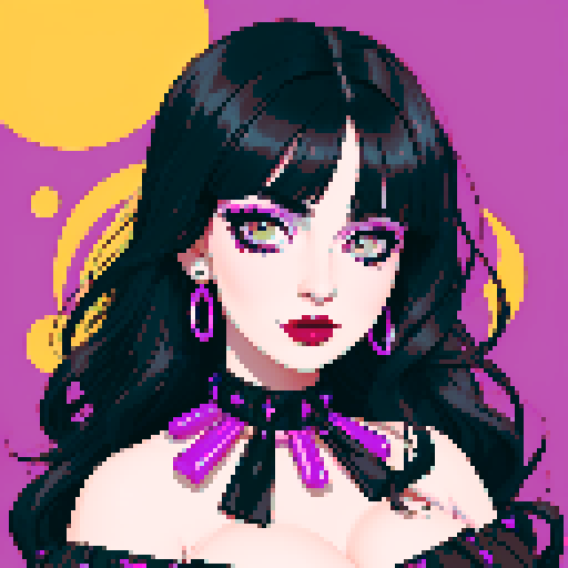 curvy, cute busty goth woman's face, whole head portrait, black hair, purple eyeshadow, red lipstick, low cut black  halter top, studded collar, vibrant sRGB colors, 