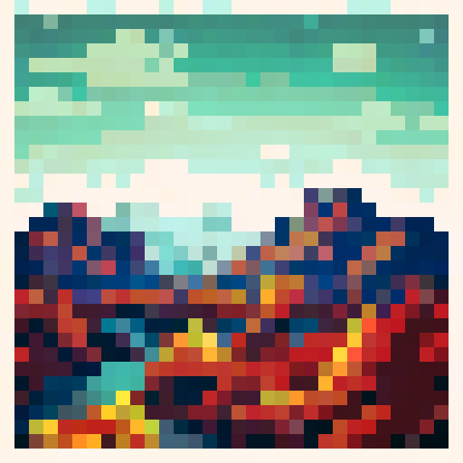 A majestic mountain range with jagged peaks looming over a tranquil, crystal-clear lake surrounded by vibrant autumn foliage, all rendered in a pixel art style with a vibrant sRGB color palette
