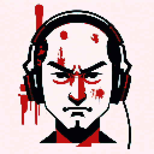 A samurai mask with DJ headphones and blood, minimalist aesthetics