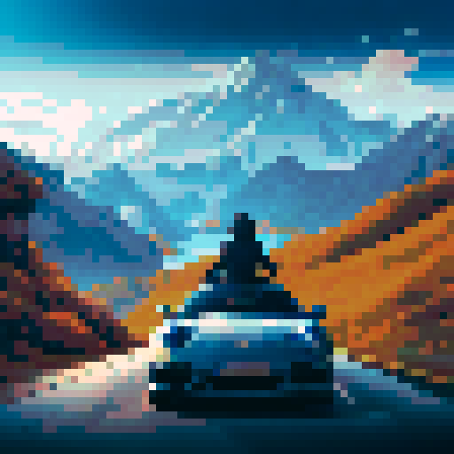 Ninja sitting in Porsche car, beautiful road, amazing view, mountains behind, snow, sRGB, pixel art, background, landscape