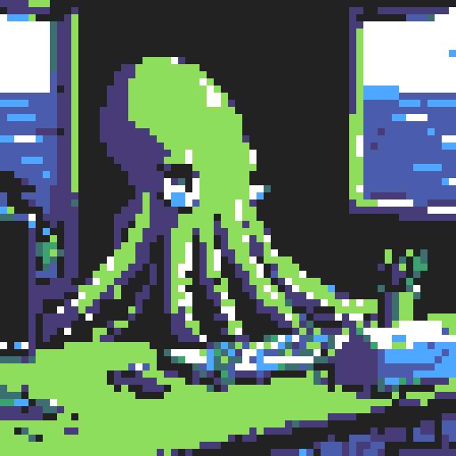 big octopus, tentacles typing on laptop, pixelated keyboard, vibrant colors, retro computer screen, low resolution, sRGB color space