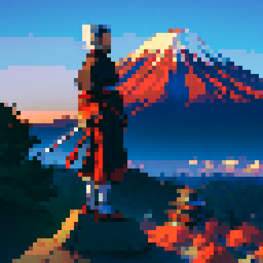 Japanese samurai, on top of mountain wih view of a shrine and Mt Fuji in the background. 