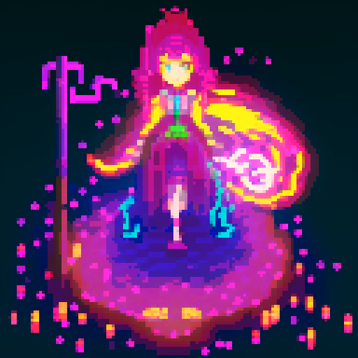  Mage anime girl with flowing hair, fluorescent tattoos, and a glowing staff,  floating in her evil lair