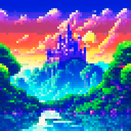 ElonMusk speeding in a sleek electric car, with a majestic castle looming in the background, all rendered in vibrant sRGB pixel art that captures the lush greenery of the surrounding landscape