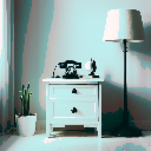 White nightstand, old black telephone, lamp