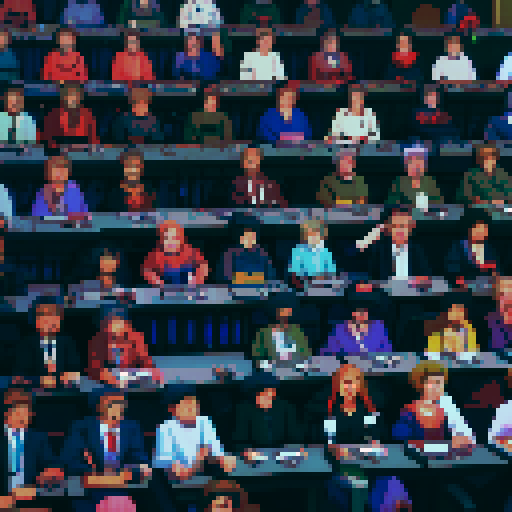 Wide shot of delegates arguing inside of German Federal Parliament, live TV coverage, vibrant colors, pixelated details, retro video game aesthetic, animated pixel art, intricate pixel patterns, dynamic lighting, immersive atmosphere, animated gestures, traditional German clothing, historical significance