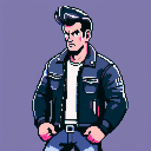 Muscular, tough greaser man with a pompadour hairstyle, wearing a motorcycle jacket, pixel art, sRGB colors, portrait, face avatar
