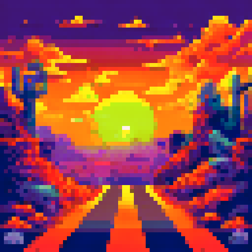 Orange sunset with a purple sky in a desert with a truck driving on a road