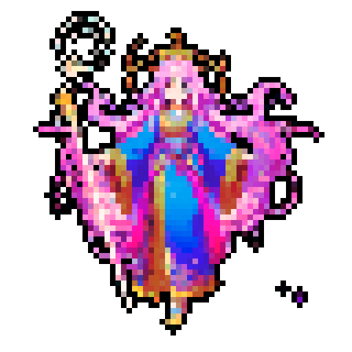 legendary anime girl wizard, long flowing hair, vibrant and dynamic colors, glowing magical staff, intricate and ornate robes, intense and focused expression looking to the right, not wearing shoes, sparkling and shimmering background, detailed and precise pixel art
