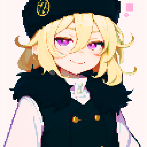 Solo male with perfect anatomy, straight-on, inframe, facing viewer, with round pupils, light blonde hair between eyes, wearing an ushanka hat with a black fur collar, a black vest, puffy sleeves, and black elbow gloves, his light pink eyes looking at the viewer, smile, in a pixel art style with sRGB colors, half closed eyes, best quality, stylised chibi,