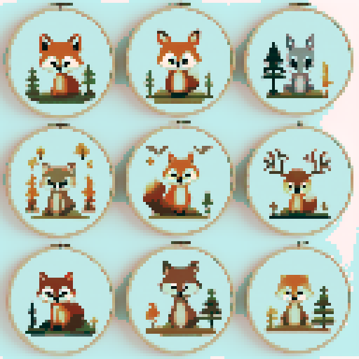 a collection of woodland creatures modern cross stitch style earthy tones Woodland cross stitch pattern, Forest cross stitch pdf download, Cottage wall decor, Modern cross stitch, Nature embroidery Woodland nursery 