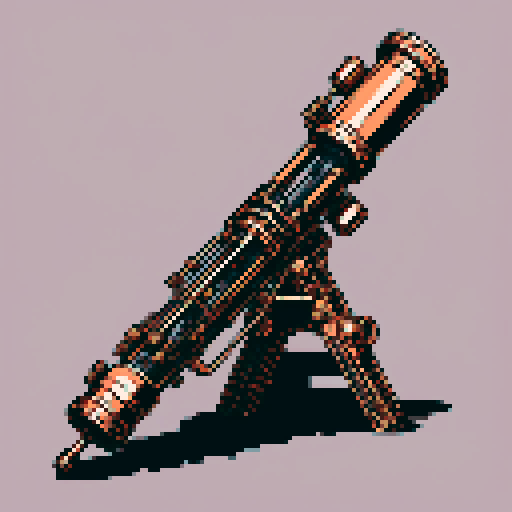 I want a tall vertical copper structure reminiscent of a minigun's barrel. It should have strange mechanical details that could interlock with each other. I also want this object usable an asset in a videogame, meaning only one object per image, outlined with a strong black stroke, on a solid-color background.