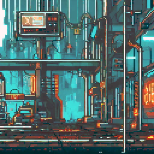 Run-down, apocalyptic atmosphere with dilapidated machinery and sparks flying in a pixel art, sRGB, background landscape of a Futuristic robot factory Towering metal structures and cracked concrete floors create an eerie ambiance, illuminated by flickering neon lights Rusty conveyor belts and broken windows reveal shattered glass, while discarded robot parts lie among overgrown vines Eerie shadows dance across abandoned control panels, with parallax effects adding depth to the scene