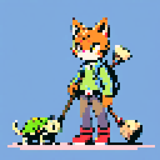 Cat, dog, turtle, standing as a front, holding broomsticks