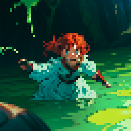 hero sinking into slime, hero drowning in slime, hero has red hair, hero has silver armor, reaching up, panic, sinking deep into the goo