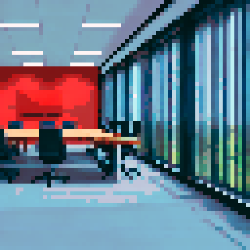 A conference room with a big window at the back wall