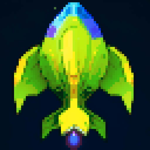 spaceship, overhead view, retro pixel art, vibrant colors, sleek design, glowing thrusters, transparent background, futuristic technology, metallic hull, intricate details, cockpit window, planets in the distance