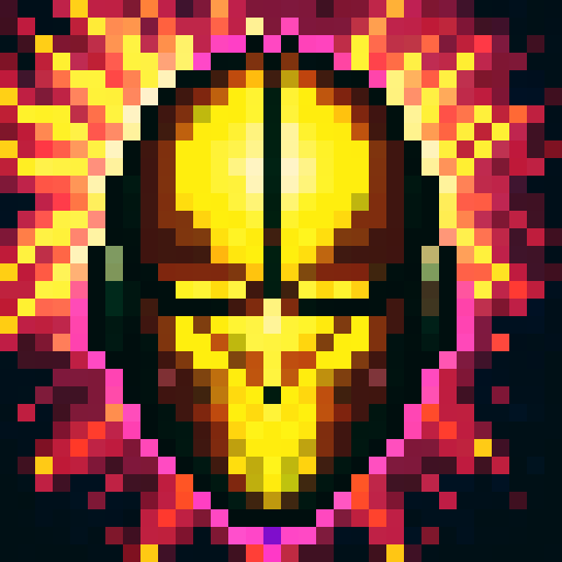 Metallic knight helmet with purple details, surrounded by fiery purple and green flames, in a close-up portrait style perfect for a skillful 32x32 pixel art game icon in sRGB color