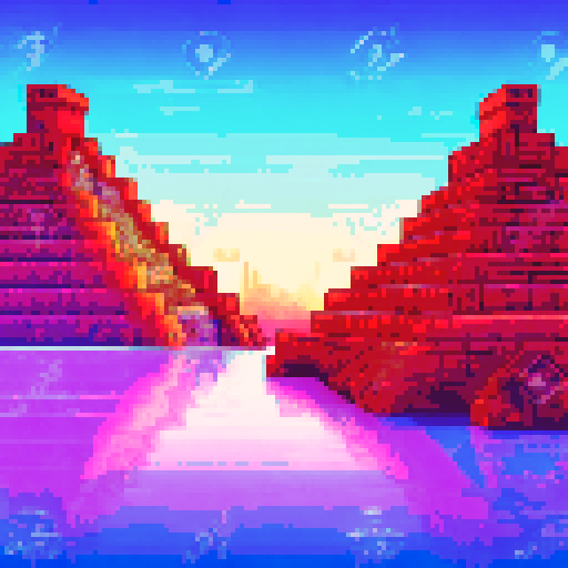 technological Aztec Style Ziggurat, shimmering in neon hues, surrounded by frozen waters reflecting the pixel art skyline