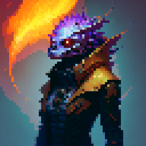 Skeleton engulfed in roaring flames, pixelated profile picture, capturing the essence of a fantasy RPG
