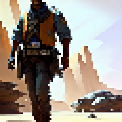 "Sci-fi blaster-wielding marshal from the Old West, standing tall with a moody and muted color palette, sporting a stylized top-down fantasy RPG character sprite, and a transparent background."