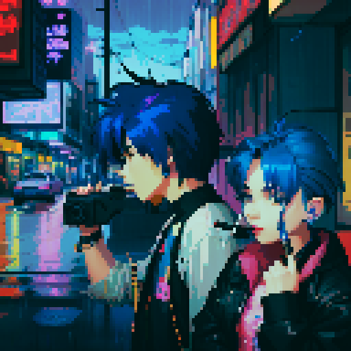 blue haired 90s pop girl on the right is smoking a cigarette, and the man on the left with black hair is holding a gun, night time rainy streets, grim