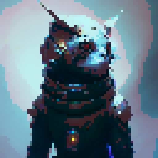 bold, fierce, yet slightly adorable robot with glowing eyes