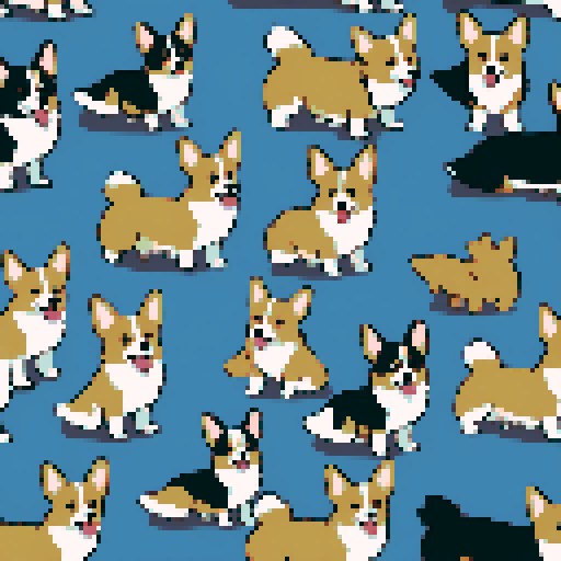 9 cute corgi dog sprites of (different) colors and poses including: Pembroke Welsh Corgis and Cardigan Welsh Corgis Red
Sable
Fawn
Black
Tricolor (Black, Tan, and White)
Blue Merle
Brindle
White (with patches of other colors)
Chocolate (less common)
Tan (often seen in conjunction with other colors)