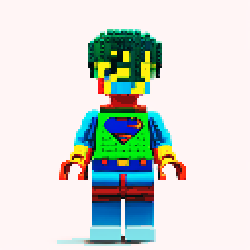 superman flying, vibrant pixelated red and blue costume, blocky lego-like figure, retro video game-inspired artwork, bold primary colors, sRGB color space