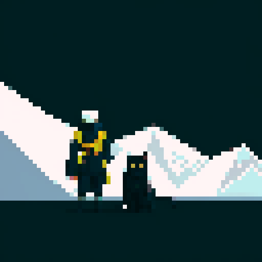 Hatake Kakashi with a black cat with yellow eyes on his shoulders in between towering, snowy mountains