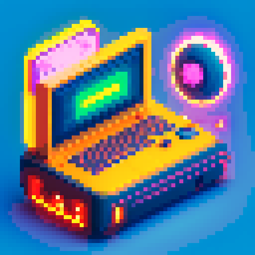 capsule corp computer, Dragonball character, bright colors, retro pixel art, futuristic design, glowing buttons, sleek and compact, holographic display, iconic logo, high-tech interface, dynamic energy lines