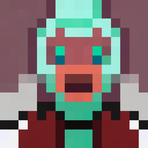 Teal colored demon head, game icon, 16x16, pixel art, close up, portrait, sharp teeth, fiery eyes, horns, sinister grin, jagged edges, glowing aura, menacing expression, sprite. 