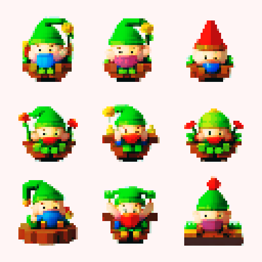 9 garden gnomes in different positions. 