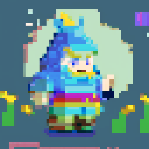 Create a pixel art character of a whimsical wizard, inspired by a cartoon style similar to the provided image. The wizard should wear a blue robe covered with yellow stars and a matching pointy hat. He should have a playful grin