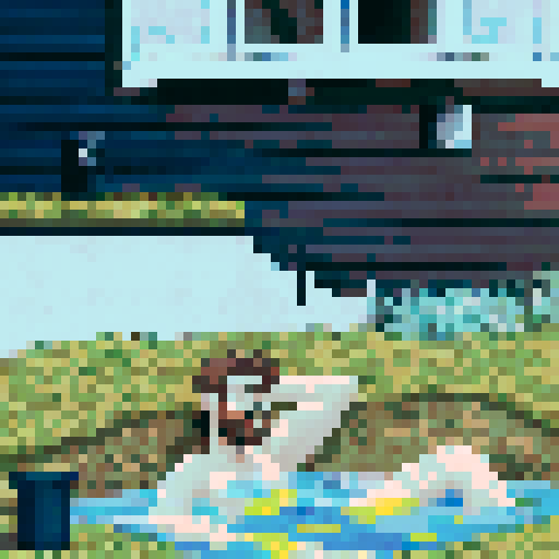 crazy cool guy with long brown hair sitting in a small pool, pixel art, sRGB, background, landscape