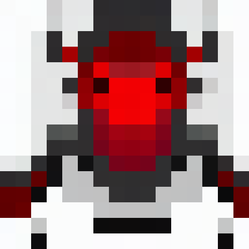A fiery demon with red, glowing eyes and sharp horns, depicted in a 16x16 pixel portrait style, standing atop a mountain of skulls and holding a pitchfork.