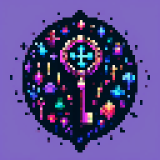 magical key, glowing with vibrant colors, surrounded by mystical symbols, rendered in intricate pixel art, against a background of dark sRGB hues
