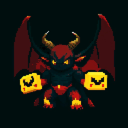 towering demonic figure, massive horns, sharp claws, large bat-like wings, dark red skin, glowing runes, piercing yellow eyes, powerful sinister aura, pixel art, sRGB