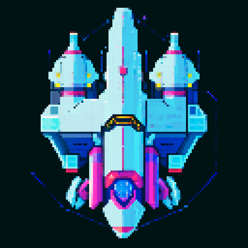 2d Spaceship in empty space, metallic exterior, retro aesthetic, pixelated details,blinking lights, wireframe outlines, geometric shapes, low-resolution textures, pixel art style, sRGB color space View from above.
shades of metallic silver and grays for the body, accented with bright blues or greens for the windows and thrusters. This palette evokes traditional, sleek, and advanced technological aesthetics.