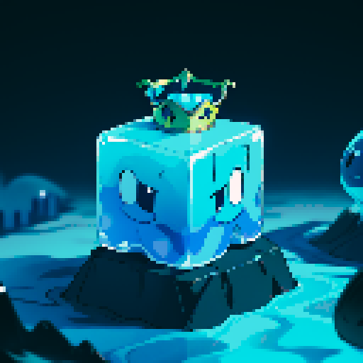 Blue Slime cube, Gelatinous cube, wearing crown, giant Slime, boss fight