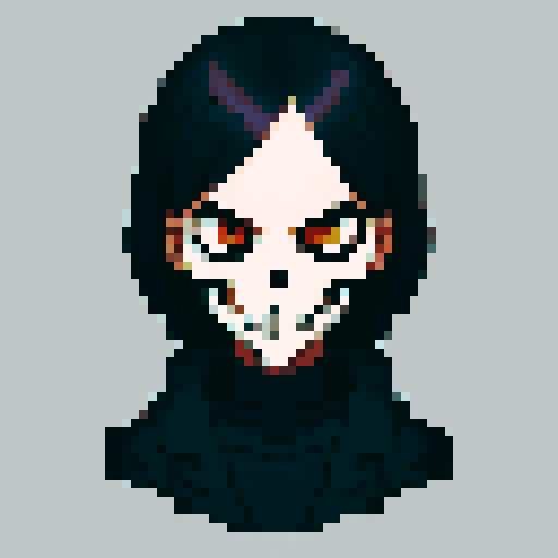 flat skull face, expressive eyes, dark colors, pixelated details, sRGB color space, blank background