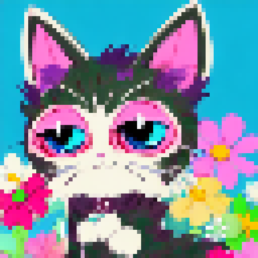 Laughing cat with big eyes, pink nose and fluffy fur, surrounded by colorful flowers and butterflies, in Anime style.