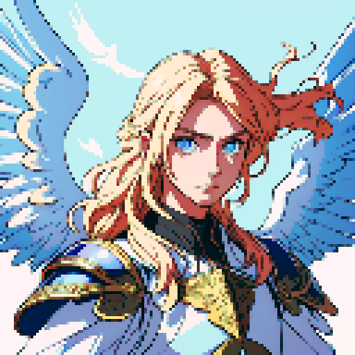 handsome angel with flowing golden hair, vibrant blue eyes, and feathery white wings, clad in intricately designed armor, 