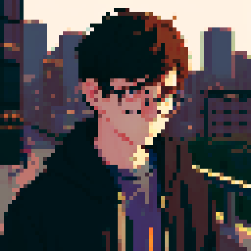 portrait, sprite art, young man, sad, narrow eyes, nerd, muted colors, depressed, city dweller