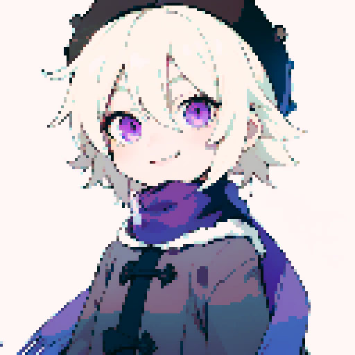 Male, light purple eyes, pale skin, blonde hair, sprite, black winter clothes, fur collar, short messy hair, looking at viewer, small smile, solo male, low details, uncropped, ushanka, dialog sprite, fantasy clothes, smile, bangs, messy hair, hair between eyes, medium hair, tired eyes, purple scarf, thick lines, sRGB, pixel art