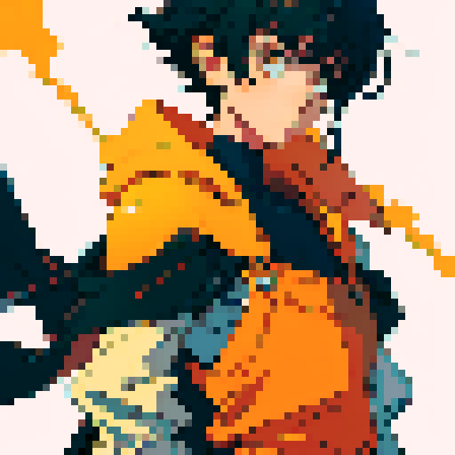 yellow round horns, black hair, short hair, robot joints, off-shoulder cape, arms at sides, standing still,  orange overalls, blank background,1boy, robot hands, robot joints, 